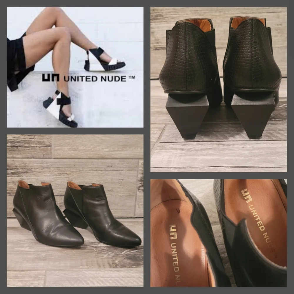 Unique Asymmetric United Nude Leather Heel Ankle Boots - Picture 1 of 14